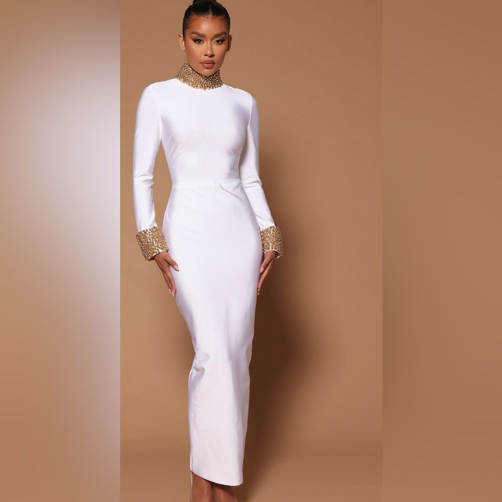 Fashion Nova White Dress with Gold Details